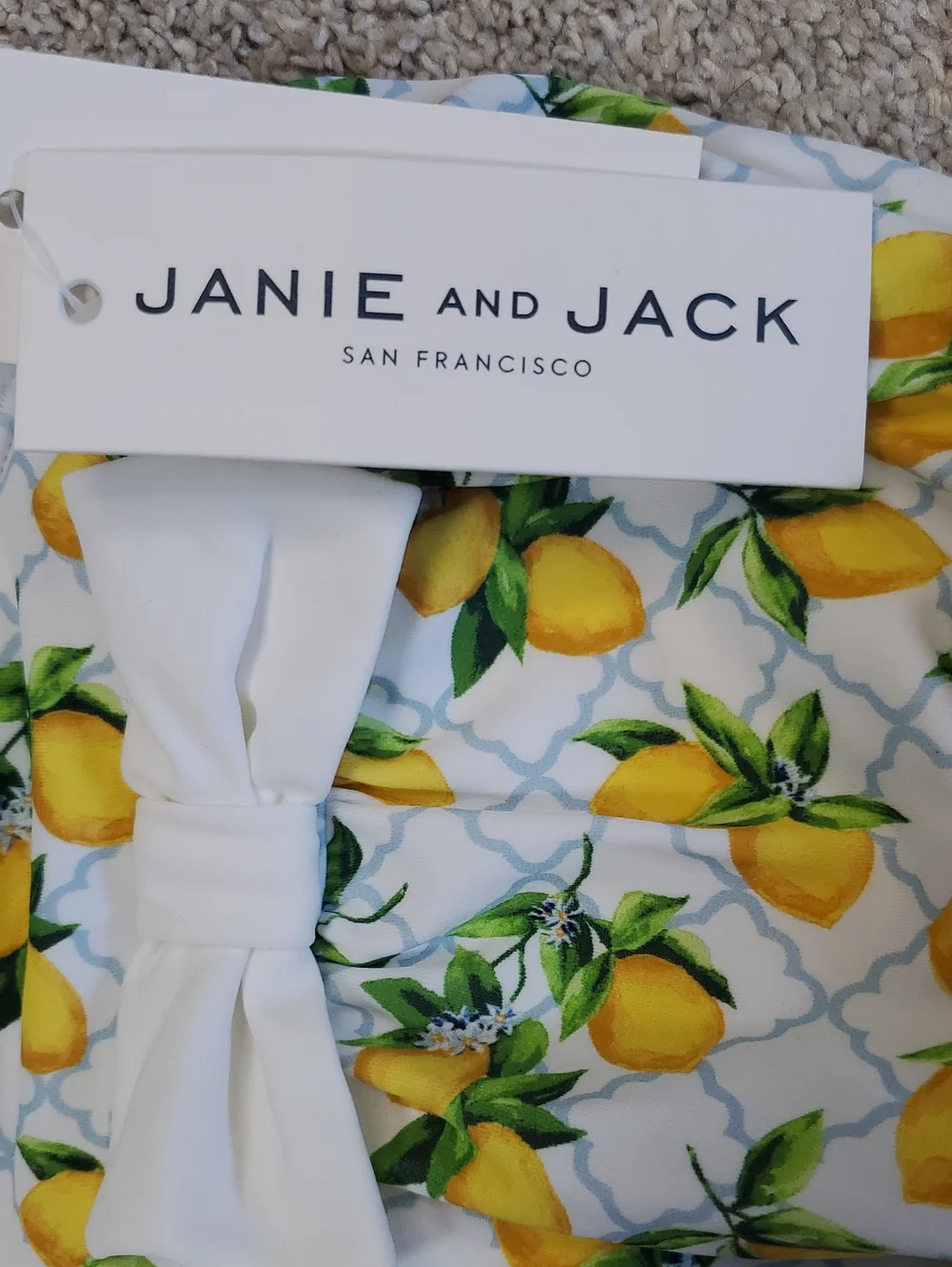 Janie and Jack Vibrant Lemon Print Baby Swimsuit With Bow. 0-3 Months